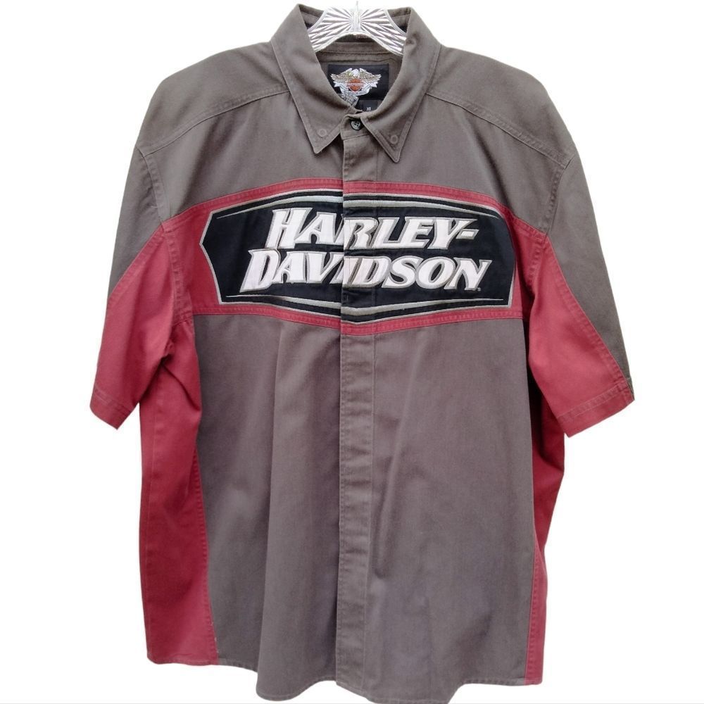 Harley Davidson Button Down Shirt Size XL Gray and Burgundy Snap Collar